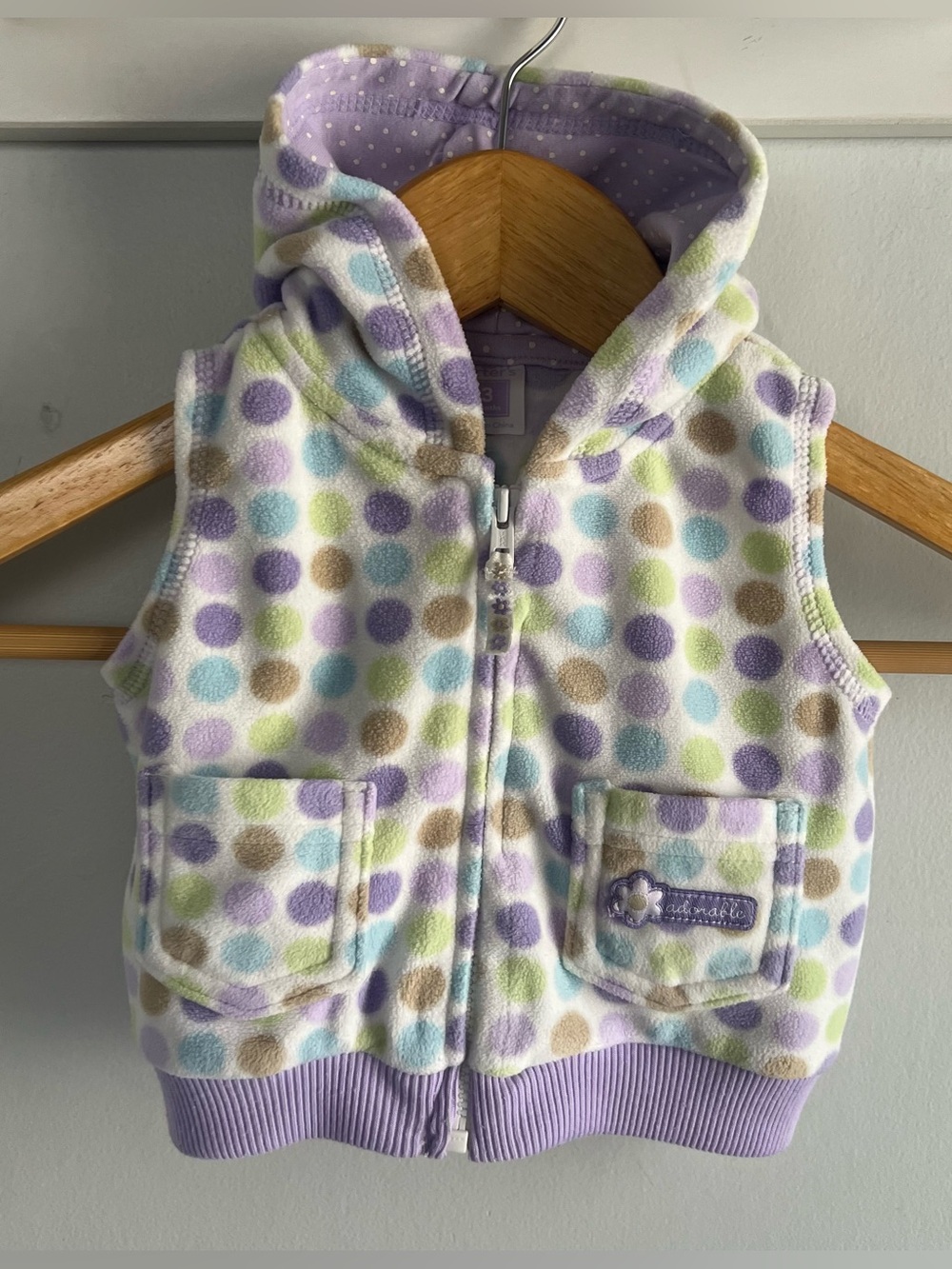 Carter’s Baby Girls Size 3M Fleece Polka Dot Hooded Zip Vest Purple White